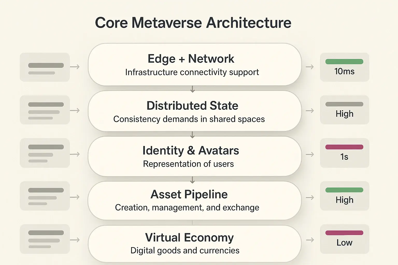 A layered architecture map that clarifies where latency, state management, identity, and asset pipelines intersect — essential for planning scalable, interoperable metaverse systems.